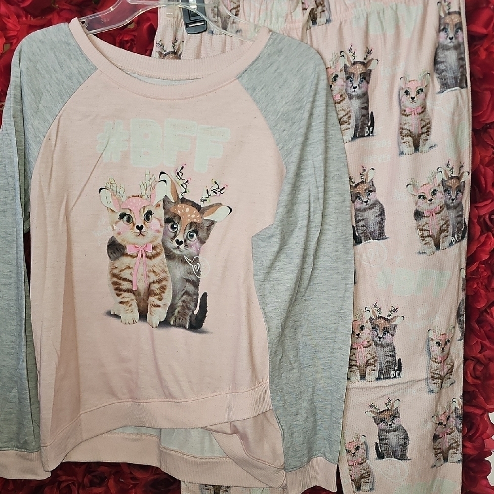 Justice Girls Pajama Pants Set with Cat Print - Gray and Pink Size 14/16